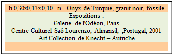 Zone de Texte: h.0,30x0,13x0,10 m.  Onyx de Turquie, granit noir, fossile 
Expositions :
Galerie de l'Odon, Paris 
Centre Culturel Sa Lourenzo, Almansil, ,Portugal, 2001
Art Collection de Knecht  Autriche

