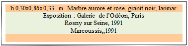 Zone de Texte: h.0,30x0,86x0,33 m. Marbre aurore et rose, granit noir, larimar. 
Exposition : Galerie de l�Od�on, Paris
Rosny sur Seine, 1991
Marcoussis,,1991

