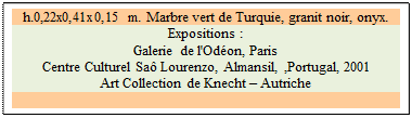 Zone de Texte: h.0,22x0,41x0,15 m. Marbre vert de Turquie, granit noir, onyx.
Expositions :
Galerie de l'Od�on, Paris 
Centre Culturel Sa� Lourenzo, Almansil, ,Portugal, 2001
Art Collection de Knecht � Autriche
 
