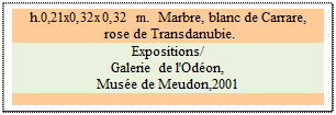 Zone de Texte: h.0,21x0,32x0,32 m.  Marbre, blanc de Carrare,
 rose de Transdanubie.
Expositions/ 
Galerie de l'Odon, 
Muse de Meudon,2001

