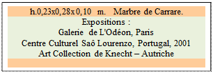 Zone de Texte: h.0,23x0,28x0,10 m.   Marbre de Carrare. 
Expositions :
Galerie de L'Odon, Paris 
Centre Culturel Sa Lourenzo, Portugal, 2001
Art Collection de Knecht  Autriche

