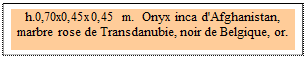 Zone de Texte: h.0,70x0,45x0,45 m.  Onyx inca d'Afghanistan, marbre rose de Transdanubie, noir de Belgique, or. 