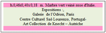 Zone de Texte: h.0,46x0,40x0,18 m. Marbre vert vein rose d'Italie. 
Expositions :,
 Galerie de lOdon, Paris
Centre Culturel Sa Lourenzo, Portugal- 
Art Collection de Knecht  Autriche

