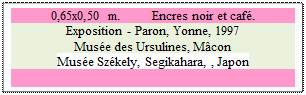 Zone de Texte: 0,65x0,50 m. 	 Encres noir et caf�. 
Exposition - Paron, Yonne, 1997 
Mus�e des Ursulines, M�con
Mus�e Sz�kely, Segikahara, , Japon 

