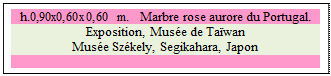 Zone de Texte: h.0,90x0,60x0,60 m.   Marbre rose aurore du Portugal. 
Exposition, Muse de Tawan 
Muse Szkely, Segikahara, Japon

