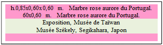 Zone de Texte: h.0,85x0,60x0,60 m.   Marbre rose aurore du Portugal. 
60x0,60 m.   Marbre rose aurore du Portugal. 
Exposition, Muse de Tawan 
Muse Szkely, Segikahara, Japon

