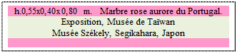 Zone de Texte: h.0,55x0,40x0,80 m.   Marbre rose aurore du Portugal.
Exposition, Mus�e de Ta�wan 
Mus�e Sz�kely, Segikahara, Japon
 
