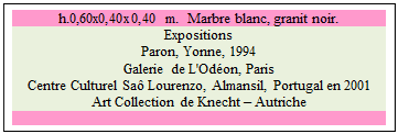 Zone de Texte: h.0,60x0,40x0,40 m.  Marbre blanc, granit noir. 
Expositions 
Paron, Yonne, 1994
Galerie de L'Od�on, Paris
Centre Culturel Sa� Lourenzo, Almansil, Portugal en 2001
Art Collection de Knecht � Autriche

