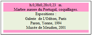 Zone de Texte: h.0,38x0,28x0,23 m. 
Marbre aurore du Portugal, coquillages. 
Expositions :
Galerie de L'Odon, Paris
Paron, Yonne, 1994
Muse de Meudon, 2001

