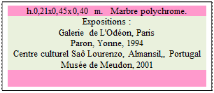 Zone de Texte: h.0,21x0,45x0,40 m.   Marbre polychrome. 
Expositions :
Galerie de L'Od�on, Paris
Paron, Yonne, 1994
Centre culturel Sa� Lourenzo, Almansil,, Portugal
Mus�e de Meudon, 2001

