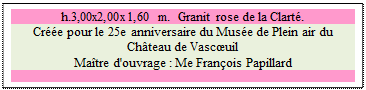 Zone de Texte: h.3,00x2,00x1,60 m.  Granit rose de la Clart�. 
Cr��e pour le 25e anniversaire du Mus�e de Plein air du Ch�teau de Vasc�uil
Ma�tre d'ouvrage : Me Fran�ois Papillard 

