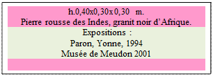 Zone de Texte: h.0,40x0,30x0,30 m. 
Pierre rousse des Indes, granit noir dAfrique.
 Expositions : 
Paron, Yonne, 1994 
Muse de Meudon 2001

