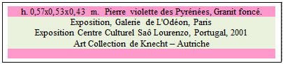 Zone de Texte: h. 0,57x0,53x0,43 m.  Pierre violette des Pyr�n�es, Granit fonc�. 
Exposition, Galerie de L'Od�on, Paris 
Exposition Centre Culturel Sa� Lourenzo, Portugal, 2001
Art Collection de Knecht � Autriche

