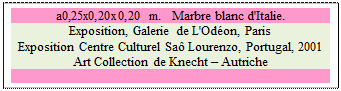 Zone de Texte: a0,25x0,20x0,20 m.   Marbre blanc d'Italie. 
Exposition, Galerie de L'Odon, Paris 
Exposition Centre Culturel Sa Lourenzo, Portugal, 2001
Art Collection de Knecht  Autriche

