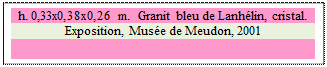 Zone de Texte: h. 0,33x0,38x0,26 m.  Granit bleu de Lanhlin, cristal.
Exposition, Muse de Meudon, 2001
 
