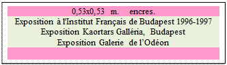 Zone de Texte: 0,53x0,53 m.    encres.
Exposition  l'Institut Franais de Budapest 1996-1997
Exposition Kaortars Gallria, Budapest
Exposition Galerie de lOdon

