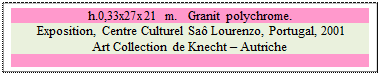 Zone de Texte: h.0,33x27x21 m.   Granit polychrome. 
 Exposition, Centre Culturel Sa Lourenzo, Portugal, 2001
Art Collection de Knecht  Autriche

