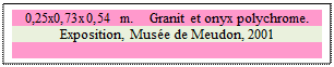 Zone de Texte: 0,25x0,73x0,54 m.    Granit et onyx polychrome. 
Exposition, Muse de Meudon, 2001

