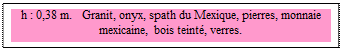 Zone de Texte: h : 0,38 m.   Granit, onyx, spath du Mexique, pierres, monnaie mexicaine, bois teint, verres. 